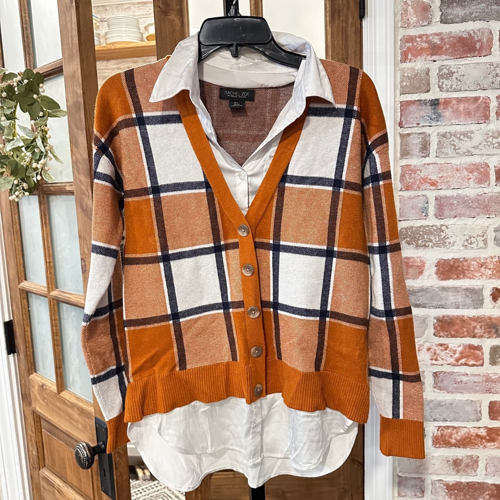 Rachel Zoe Twofer Sweater Women Orange Plaid V-Neck Cardigan Academia Chic S